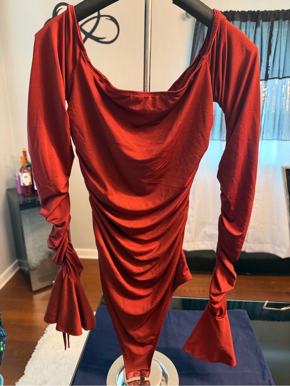 SHEIN Crimson Ruched Long-Sleeve Bodycon Dress